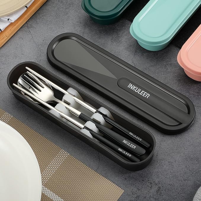 Travel cutlery set, 18/8 stainless steel cutlery, Reusable utensils set with case, Portable Silverware Lunch Box for Camping and Office