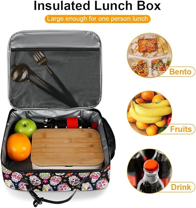 Day of the Dead Sugar Skull Reusable Lunch Box Insulated Lunch Bag Cooler Bag Lunchbox Meal Food Container Tote Bag for Women Kids Girls School Camping Hiking Picnic Beach Travel