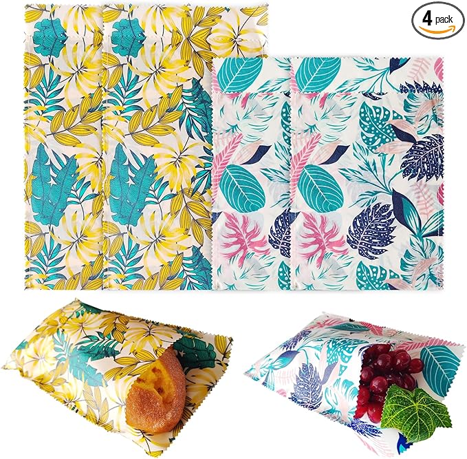 4 Pack Reusable Beeswax Food Bags - Organic, Eco-friendly Bread & Snack Bags