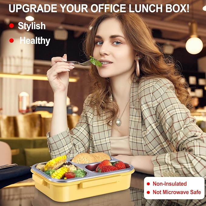 Stainless Steel Lunch Box for Kids & Adults - 25 oz - Leakproof 3 Compartment Metal Lunch Container - 18/8 Stainless Steel Bento Box - Ideal for School, Office & Outdoor - Dishwasher Safe (Yellow)