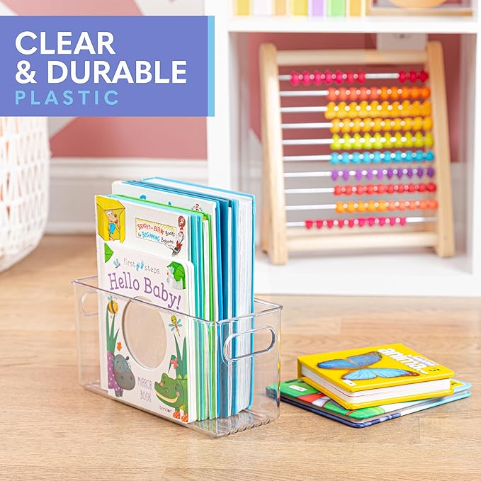Clear Plastic 4 Pack Storage Container Bin with Integrated Easy Grip Handles. For Kitchen, Fridge, Freezer, Cabinet, Pantry, Bathroom Organization. 10"x4"x5"