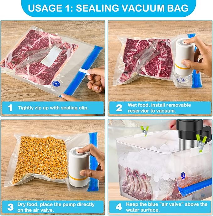 46 PCS Electric Vacuum Sealer, Sous Vide Bags, Handheld Mason Jar Vacuum Sealer & 15 PCS Reusable Vacuum Food Storage Bags for Anova, Joule Cookers, 4 Cooking Clips, 5 Sealing Clips