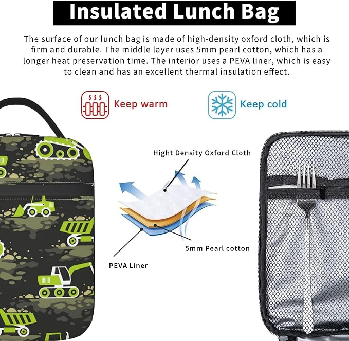 Insulated Lunch Box for Boys Men Tractor Lunch Box for Work,Picnic,School,Travel,Hiking, Beach or Fishing Polyester Tractor Lunch Bag