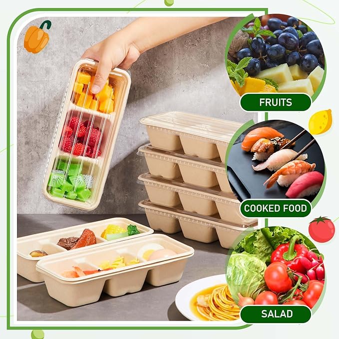 Hushee 100 Pack 17 oz Small Meal Prep Containers 3 Compartments with Lids, Disposable Plastic Bento Boxes Reusable Stackable Food Containers Travel Lunch Boxes for Office, Picnic (Natural)