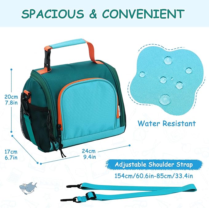 VASCHY Lunch Bag for Kids, Boys Cute Reusable Insulated Large Lunch Box Container for Children Daycare School Kindergarten Preschool Green