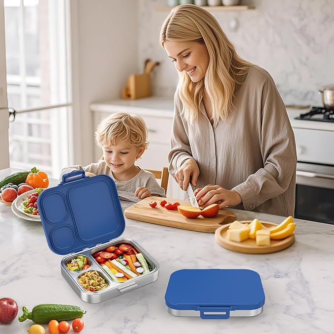 Stainless Steel Lunch Box, Leak-Proof with free sealing Bento Box 3 Compartments, Metal Lunchbox for Travel & Work, Eco-Friendly Meal Storage Solution Blue