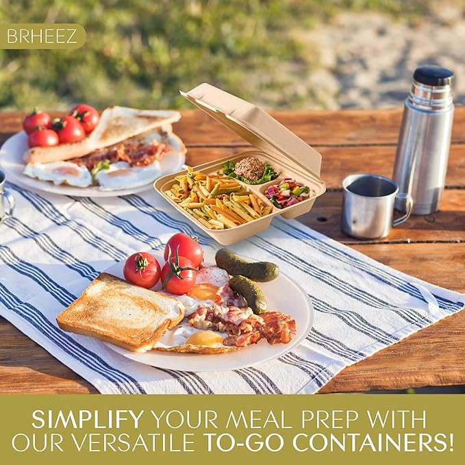 brheez Disposable Clamshell To-Go Containers – Bagasse Fiber Biodegradable Containers with Lids for Takeout, Parties, & Holidays – Pack of 50 Chemical-Free, 3-Compartment Boxes, 8"x8", Natural