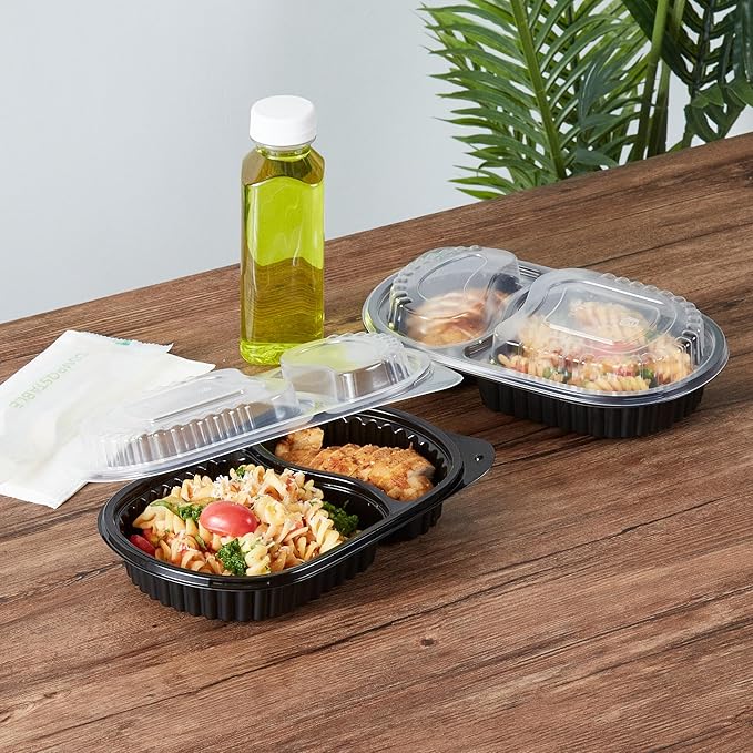 Restaurantware RW Base 20 Ounce Meal Prep Containers, 100 Microwavable To Go Containers With Lids - Disposable, Freezable, Black Plastic Oval Food Containers, Pack Hot And Cold Food, For Takeaway