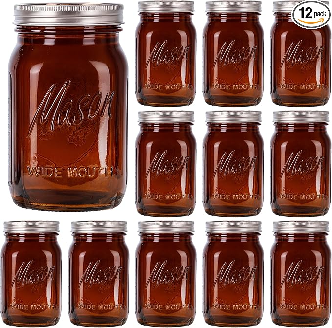WELLIFE Amber Mason Jars, 12 Pack wide mouth mason jars for Pickling, Canning, Fermenting and Food Storage, Microwave & Dishwasher Safe