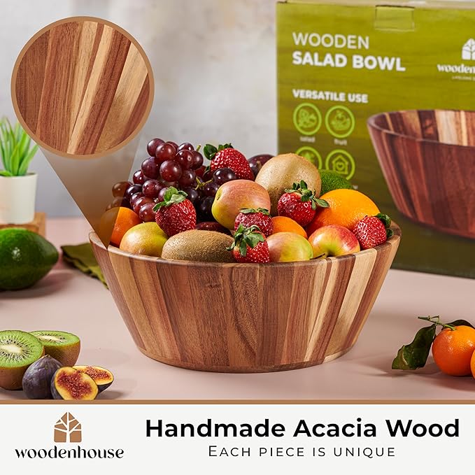 Wooden Salad Bowl, Salad Bowl, Wooden Bowl - 12" Round Design Fruit Bowl, Handmade, Durable and Stylish Natural Wood Dining Accessory by Woodenhouse
