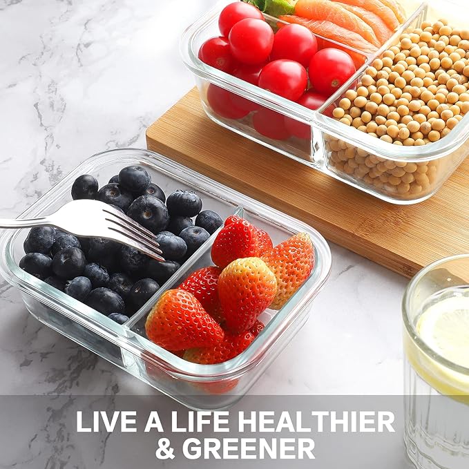 Bayco 9 Pack Glass Meal Prep Containers 3 & 2 & 1 Compartment, Glass Food Storage Containers with Lids, Airtight Glass Lunch Bento Boxes, Leak Proof (9 lids & 9 Containers) - Grey