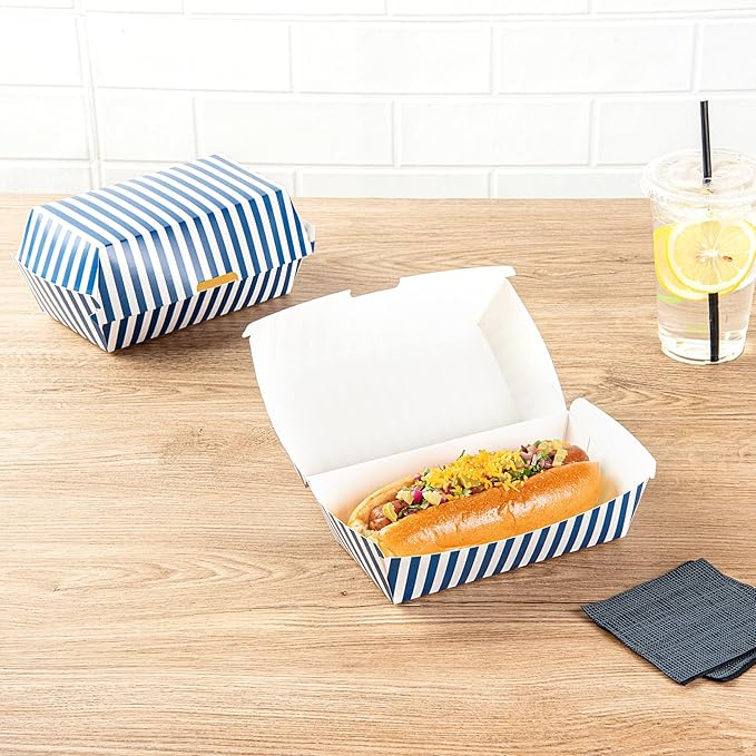 Restaurantware Bio Tek 6.7 x 3.5 x 3.5 Inch Clamshell Food Containers 100 Disposable Sandwich Containers - Hinged Lid Tab-Lock Closure Blue And White Paper Hot Dog Containers Greaseproof