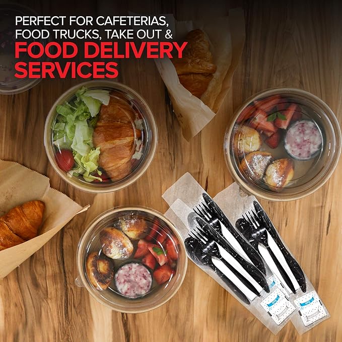 Individually Wrapped Plastic Cutlery Set with Napkin + Salt & Pepper Packets in Black (50 Count) Prewrapped Disposable Silverware Bags, Bulk Utensils: Fork, Knife, and Spoon for Togo Eating
