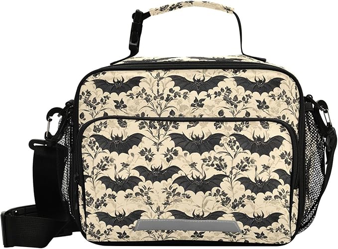 MNSRUU Student Lunch Bag Bats and Flowers Vintage Insulated DinnerTotes Picnic Bag Lunch Box with Adjustable Shoulder Strap for Teen Kids Adults