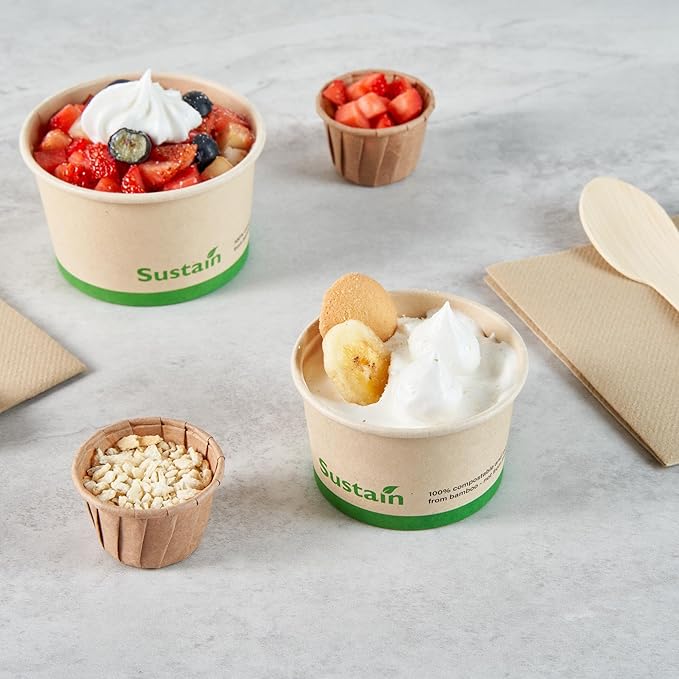 Restaurantware-Sustain 3 Ounce Paper Soup Containers, 50 Disposable Ice Cream Cups - Lids Sold Separately, With PLA lining, Bamboo To Go Hot Soup Bowls, Compostable, Greaseproof