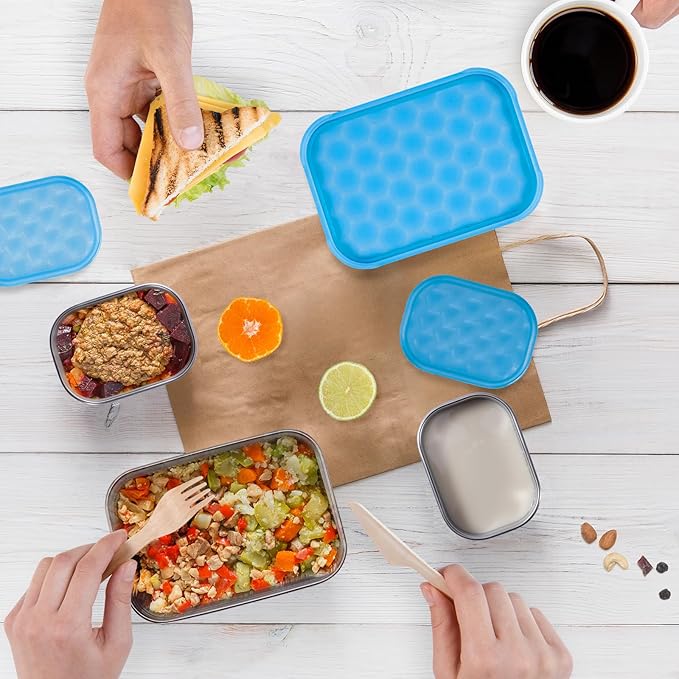 Small Stainless Steel Lunch Containers for Kids | Leak Proof Snack Containers with 100% Pure Silicone Lids - Perfect Metal Lunch Box with Lids for School and Daycare (25oz+8oz*2)