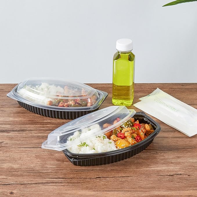 RW Base 21 Ounce Meal Prep Containers, 50 Microwavable To Go Containers With Lids - Disposable, Freezable, Black Plastic Oval Food Containers, Pack Hot And Cold Food, For Takeaway - Restaurantware