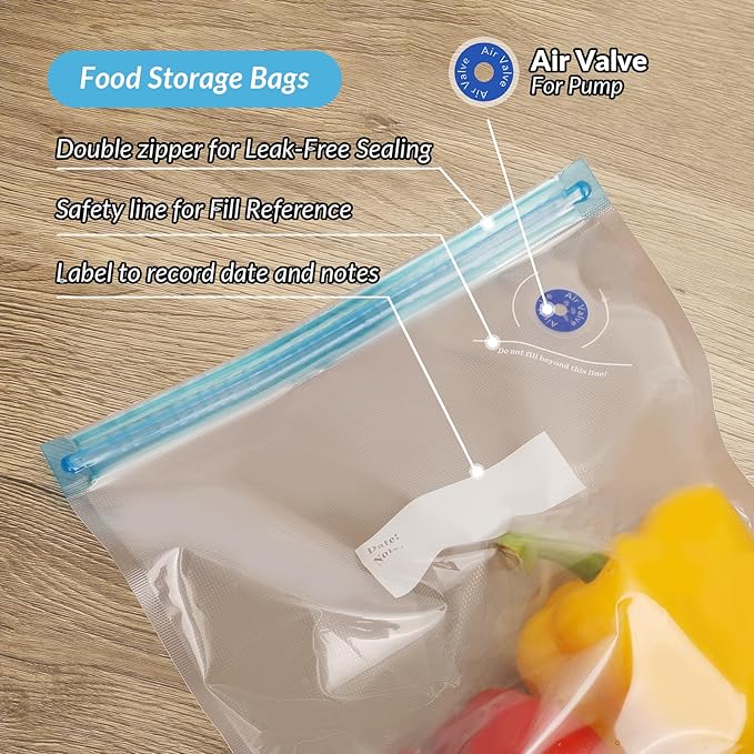 Sous Vide Bags 27Pcs, BPA Free Reusable, Double-Layered Food Storage (11 x 10 in) for Cooking, Food Storage, and Microwave Heating. Includes 20 Vacuum Zipper Bags, 2 Seal Clips, and 5 Air Valves.