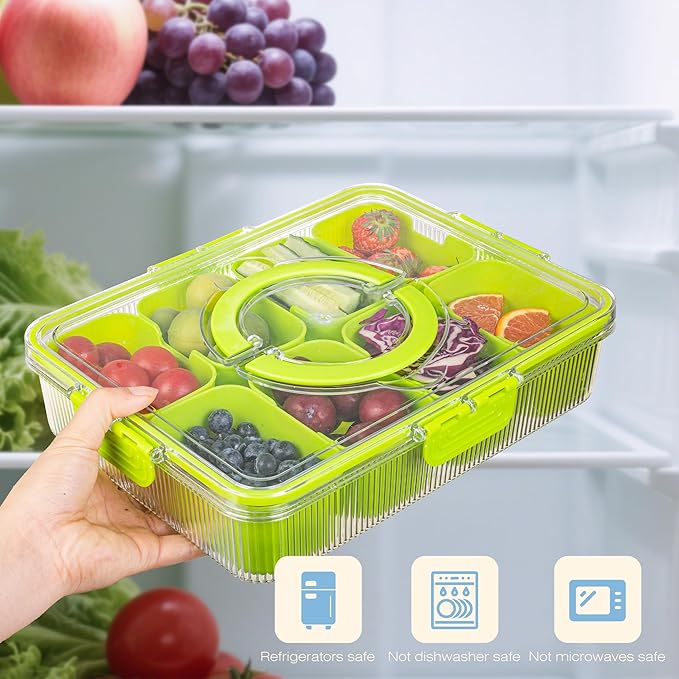 Patent Design Ribbed Snackle Box Container Divided Serving Tray with Lid and Handle -Charcuterie Container Portable Storage Organizer for Candy, Fruit, Beach, Picnics(1 pcs, Pink