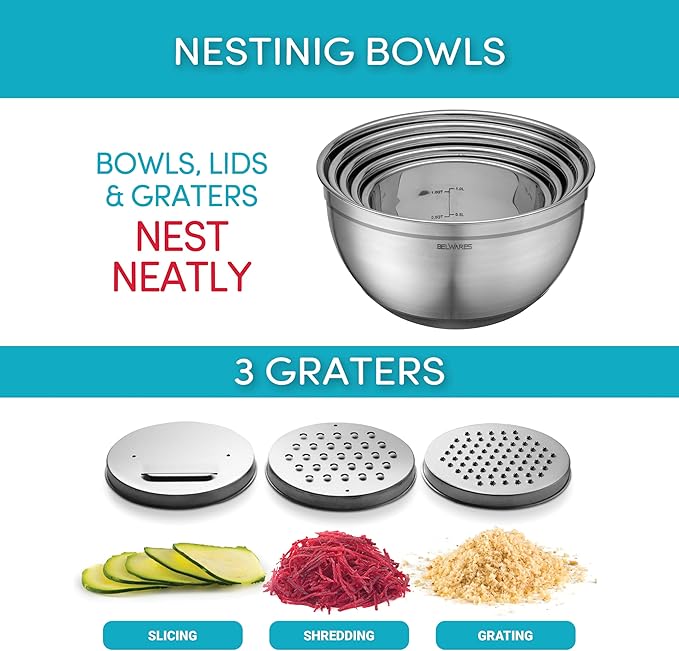 Mixing Bowls with Lids Set of 5 - Nesting Bowls with Airtight Lids and Graters - Stainless Steel Non-Slip Mixing Bowl for Baking, Food Storage and Prepping (Black)