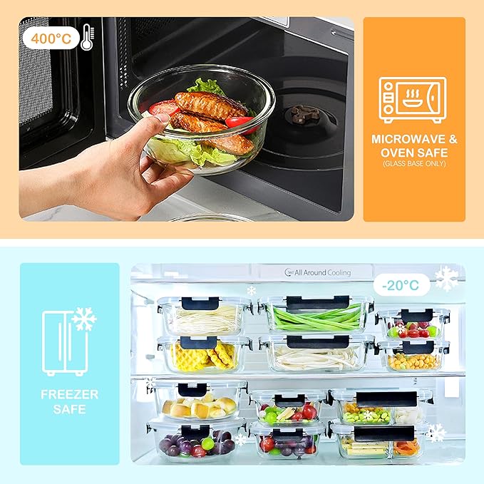 24 Piece (12 Food Storage Containers and 12 Lids),13.5+32.1 OZ Black Glass Storage Containers With Lids,Round Glass Meal Prep Containers,Microwaveable,Meal Preparation,Storage Containers