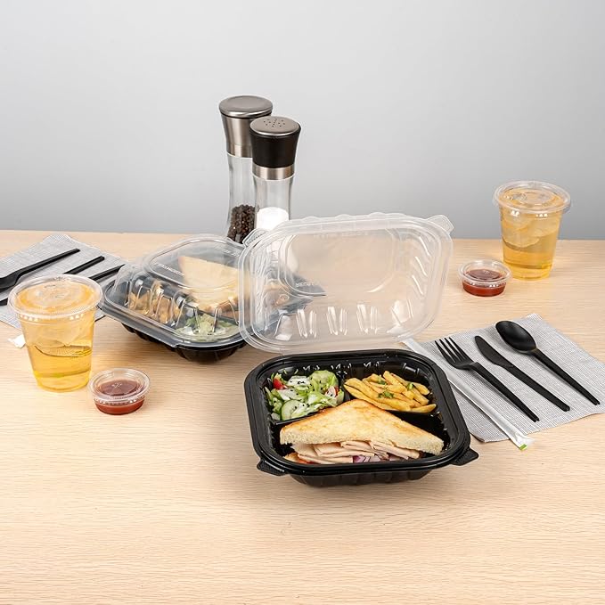 Restaurantware Thermo Tek 34 Ounce Clamshell Containers, 100 Disposable Take Out Boxes - 3 Compartments, Ventilated Lids, Black Plastic Meal Prep Containers, Microwavable, For Pasta Or Salads