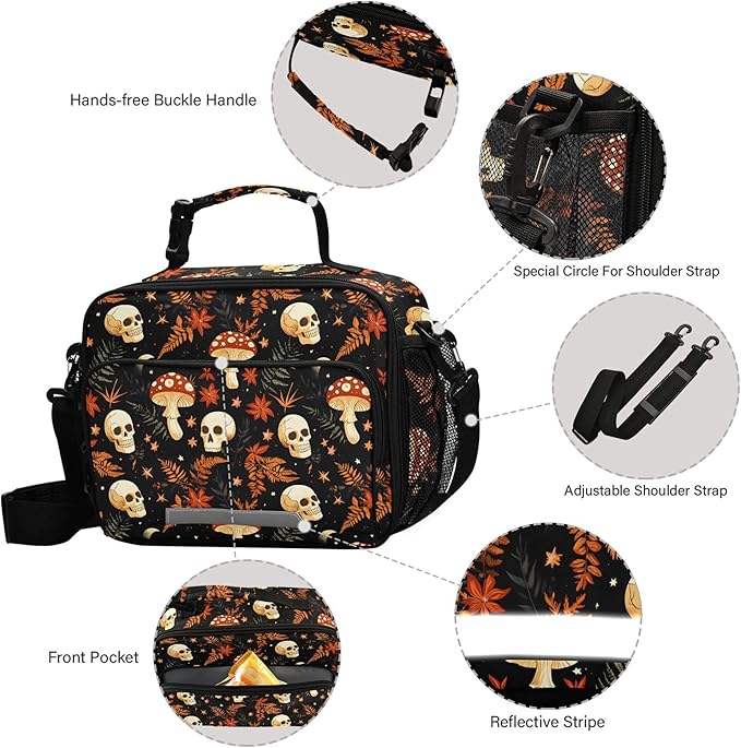 MNSRUU Student Lunch Bag Mushrooms Skull Insulated DinnerTotes Picnic Bag Lunch Box with Adjustable Shoulder Strap for Teen Kids Adults
