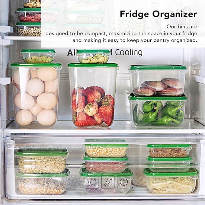17PCS Food Container Green Fridge Bins, Leakproof Food Grade Plastic Various Sizes with Lid for Leftover Meals