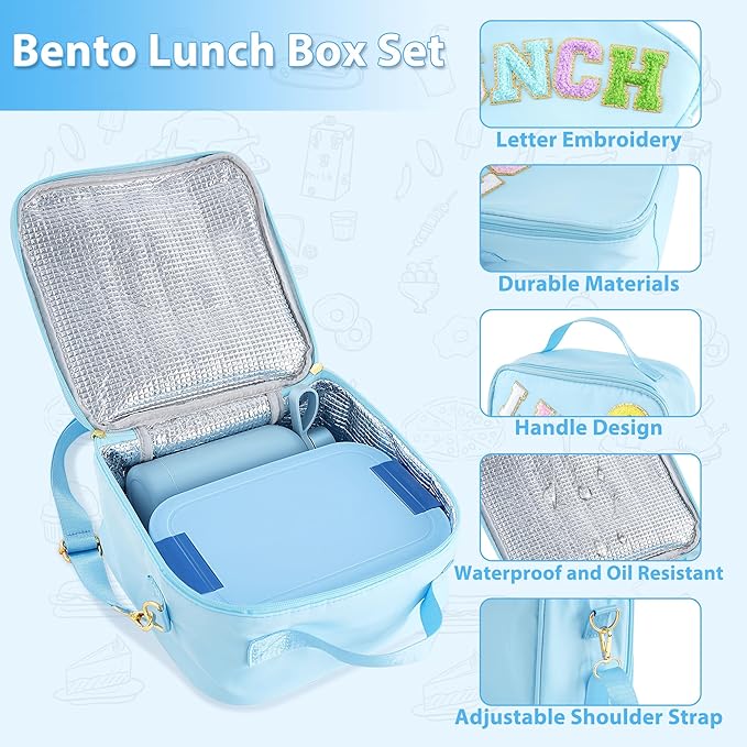 Bento Lunch Box Set for Kids - Blue Nylon insulated Lunch Bag with 12oz Thermos, Leak-Proof Containers, Adjustable Strap, Birthday Gifts for Girls School Travel Picnic (Ages 3-15)