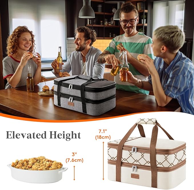 Lifewit Expandable Insulated Casserole Carrier for Hot or Cold Food, Double Decker Food Bag Lasagna Holder Carry Tote for Potluck Parties/Picnic/Cookouts, Fits 9"x13" Baking Dish, Cream-Geometric