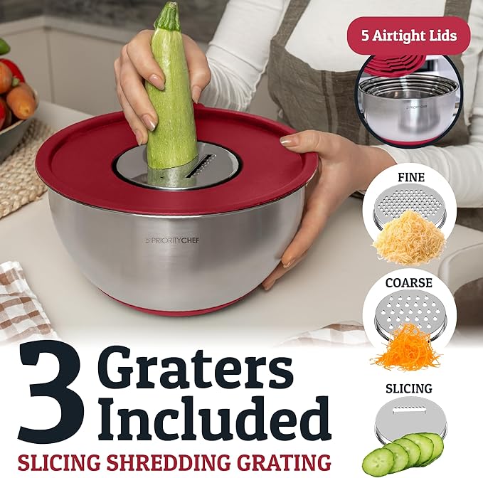Priority Chef 28Pc Stainless Steel Mixing Bowls with Lids Set, Non-Slip Base, Air Tight Lids, 3 Graters and Utensil Set, Large Metal Nesting Bowls for Kitchen, Red