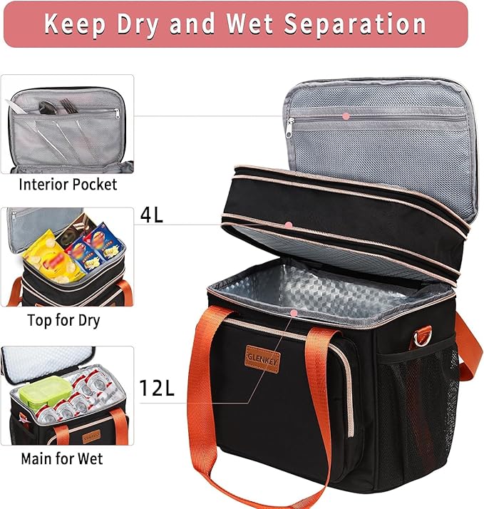 GLENKEY Expandable Insulated Lunch Box for Women Men, Double Deck Large Lunch Bag Tote Leakproof Lunch Cooler with Shoulder Strap for Adults Work Shift Outdoor Picnic Daytrip, (Black, 16L)
