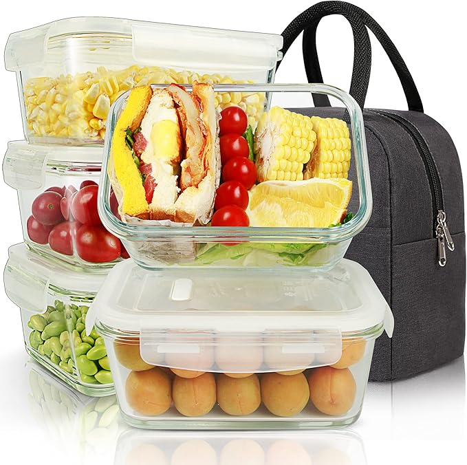 DAS TRUST [5-Packs, 36 Oz. Glass Meal Prep Containers with Locking Lids Glass Food Containers,Airtight Lunch Container,Microwave, Oven, Freezer and Dishwasher (4.5 Cup, White)
