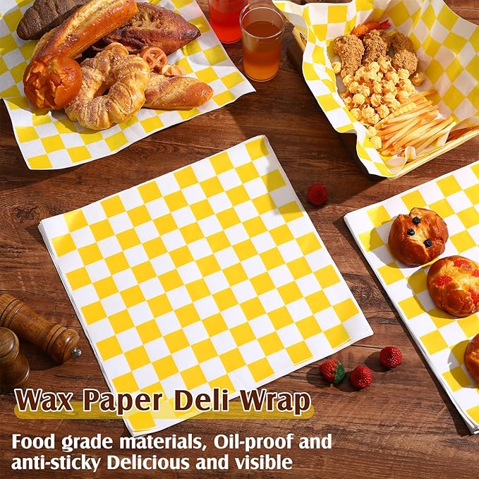 Honeydak 600 Pcs Sandwich Wrapping Paper Sheet 15x15 Checkered Food Wax Sheets Parchment Paper Basket Liner Grease Restaurant Wedding Party Supplies for Wrapping Bread Burgers(Yellow)