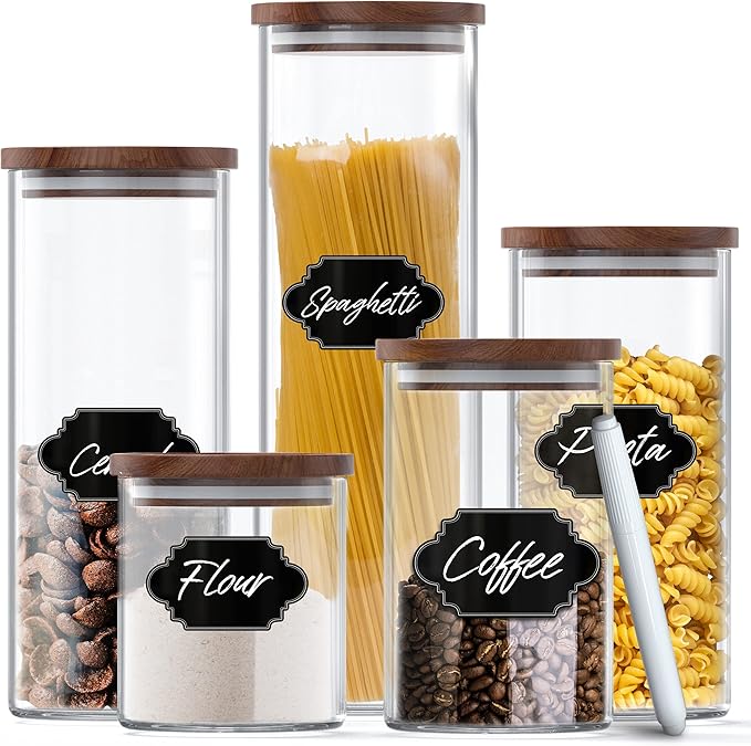 Glass Jars with Wood Lids Set of (2) 28 fl oz Airtight and Stackable Storage Containers for the Kitchen or Pantry Canister Wooden Acacia Lid holds Food Coffee Pasta