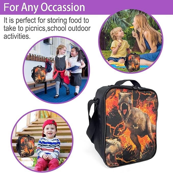 Insulated Lunch Bag for Kids, Boys Lunch Box, Dinosaur Lunch Bag with Shoulder Strap, School Bento Lunch Box for Kids Toddlers Teens, Aesthetic Cute Black Reusable Cooler Thermal Meal Tote Kit