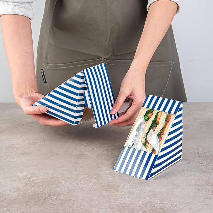 Restaurantware-Cafe Vision 4.8 x 3.2 Inch Sandwich Paper Boxes, 200 Large Sandwich Wedge Boxes - With Window, Disposable, Blue And White Paper Triangle Sandwich Containers, Striped, Grease-Impervious