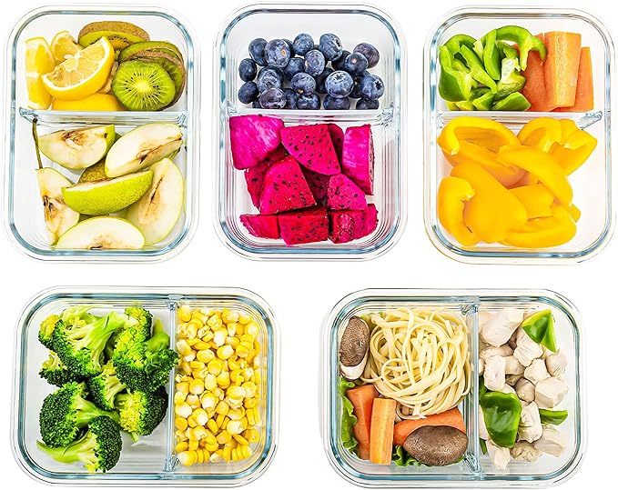 5-Pack,2 Compartment Glass Meal Prep Containers Set,34oz, Divided Food Storage Containers with Lids, Glass Lunch Box with 2 Dividers