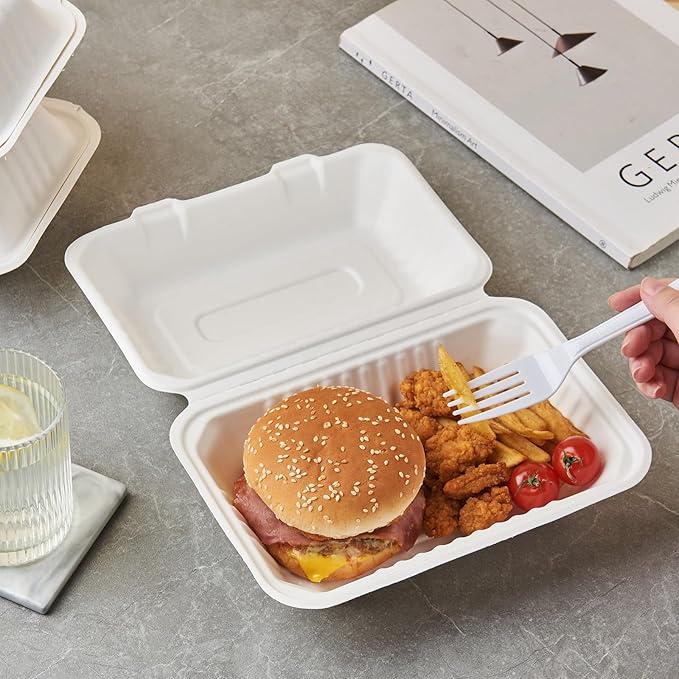 [9X6 1-Compartment 75-Pack Bio Natural Clamshell Take Out Food Containers with Lids, Disposable Bagasse Togo Plates, Eco-Friendly Biodegradable Made of Sugar Cane Fibers