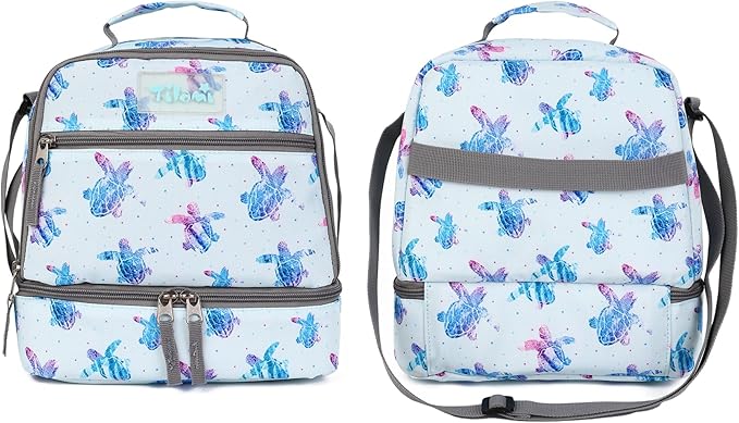 Tilami Lunch Bags Insulated Adjustable Strap Zipper, Water-Resistant Cooler Bags, Bento Bags for Kids Toddlers, Turtle Blue