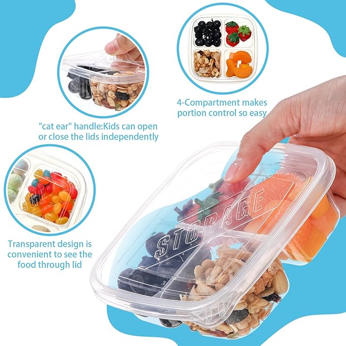 Dandat 50 Pcs Clear Plastic 4 Compartment Snack Containers Compartment Lunch Box with Lids Reusable Divided Snack Containers Clear Lunch Box with 50 Pcs Spork for School (Black)