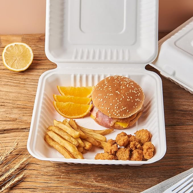 [9X9 1-Compartment 75-Pack Bio Natural Clamshell Take Out Food Containers with Lids, Disposable Bagasse Togo Plates, Eco-Friendly Biodegradable Made of Sugar Cane Fibers