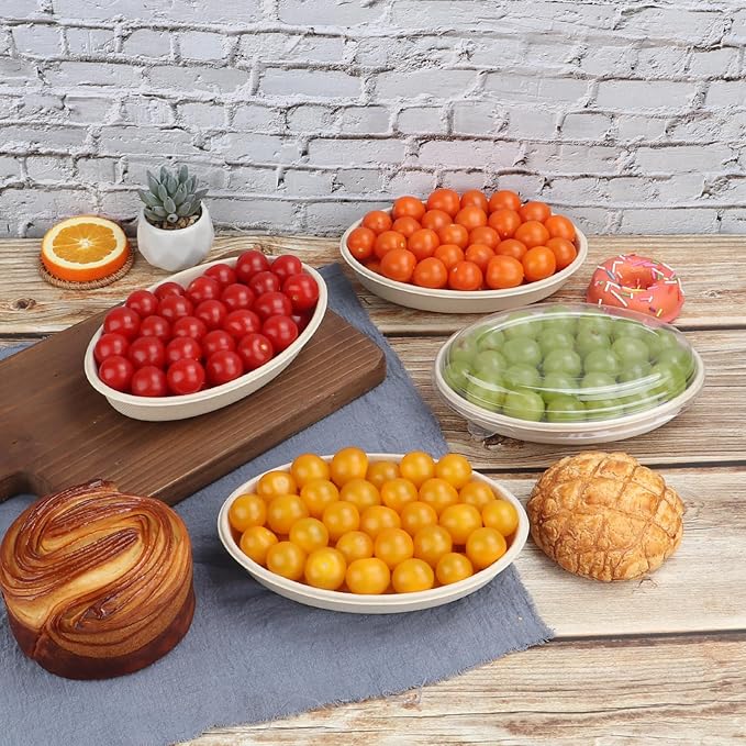 18 oz Oval Disposable bowls with lids,Sugarcane Salad Bowls take away food containers Plant Fibers 50 Pack