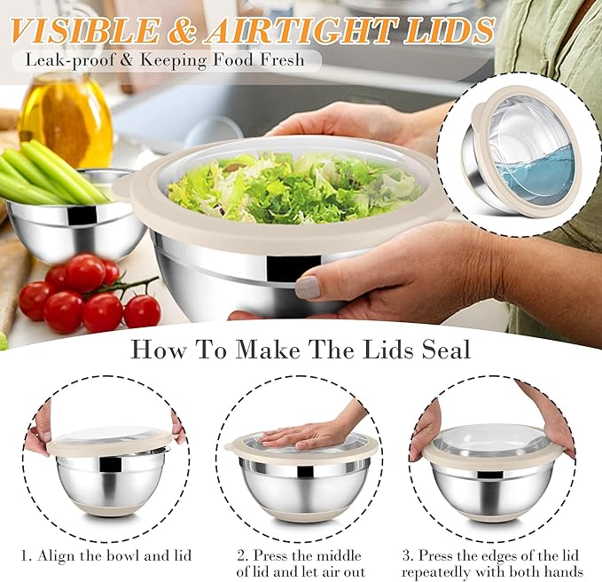 TeamFar Mixing Bowls Set of 6, Stainless Steel Salad Mixing Bowls with Visible Lids, Metal Nesting for Mixing Serving Prepping, Non-Slip & Airtight, 4.6/3.5/2/1.5/1/0.7 QT, Khaki