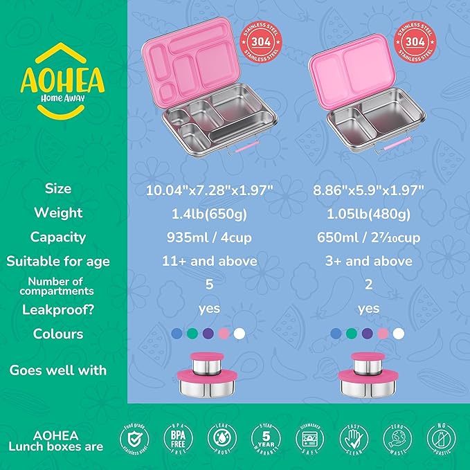 Stainless Steel Lunch Box for Kids, Leak Proof Bento Lunch Box BPA Free 304 Stainless Steel Bento Box Stainless Bento Box with Containers for School and Office(Pink)