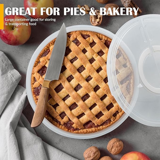Plastic Pie Carrier with Lid and Handles - Airtight Cover, BPA Free Container for Pies and Pastry Products - Round Keeper Keeps Cookies, Muffins, Cupcakes, Bakery Fresh