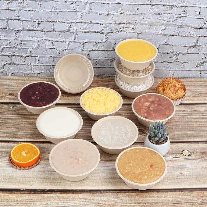 10 oz Round Disposable salad bowls with lids, Sugarcane Fiber Paper Bowls take away food containers Plant Fibers Freezer Safe 50 Pack
