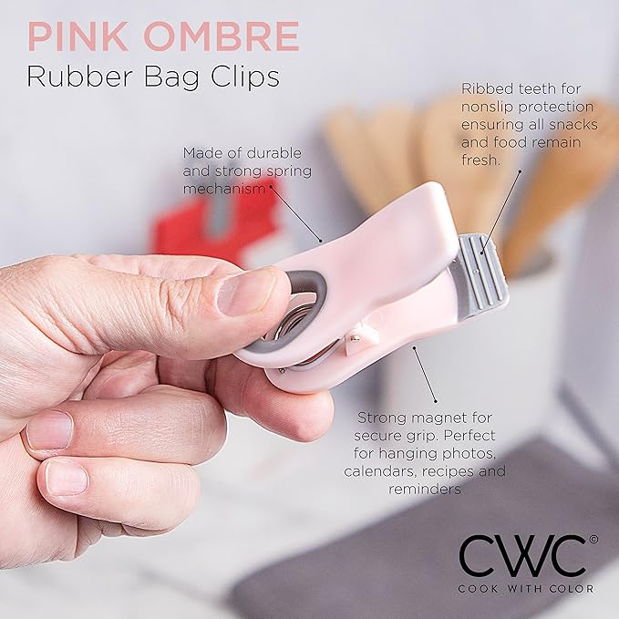 COOK WITH COLOR Bag Clips with Magnet- Food Clips for Snack and Bread Bags (Pink and Grey, Pack of 10)
