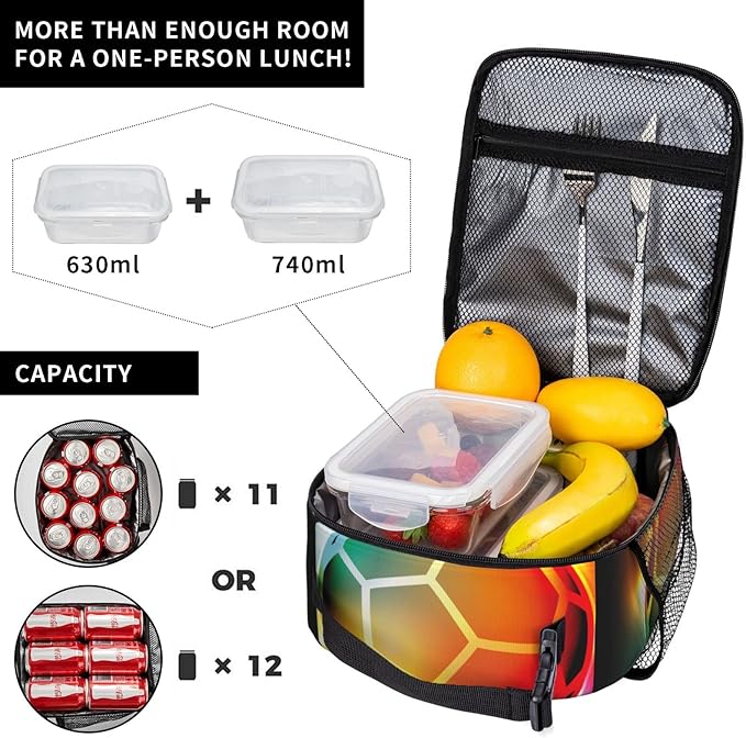 SARA NELL Cool Colorful Growing Fireball Lunch Box Soccer Lunch Bag Insulated Reusable Portable Lunch Tote Cooler Bag for Women Men Teens Kids, Office Work School Travel Lunchbox