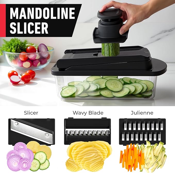 Mueller Pro-Series 10-in-1, 8 Blade Vegetable Chopper, Mandoline Slicer, Onion Mincer, Cutter, Dicer, Veggie Chopper with Container, Kitchen Essentials & Gadgets, House Warming Gifts New Home, Black